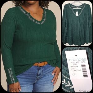 SIZE 1X	MAURICES	embroidered notch neck ribbed long sleeve tee myrtl green